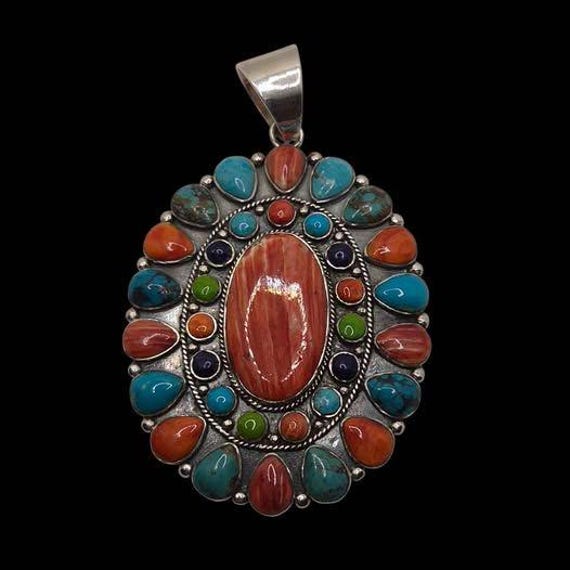 Sterling Silver Spiny Oyster & Turquoise Multi-Stone Pendant