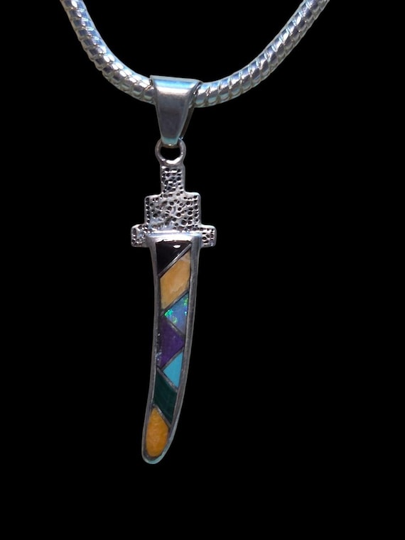 Sterling Silver Multicolor Inlay Dagger Pendant Necklace