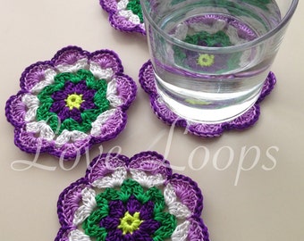 Purple coasters,Crochet Coasters,  Coaster Set,Handmade Coasters,Flower Coasters, Table Coaster Set, home decor gift, house warming gift