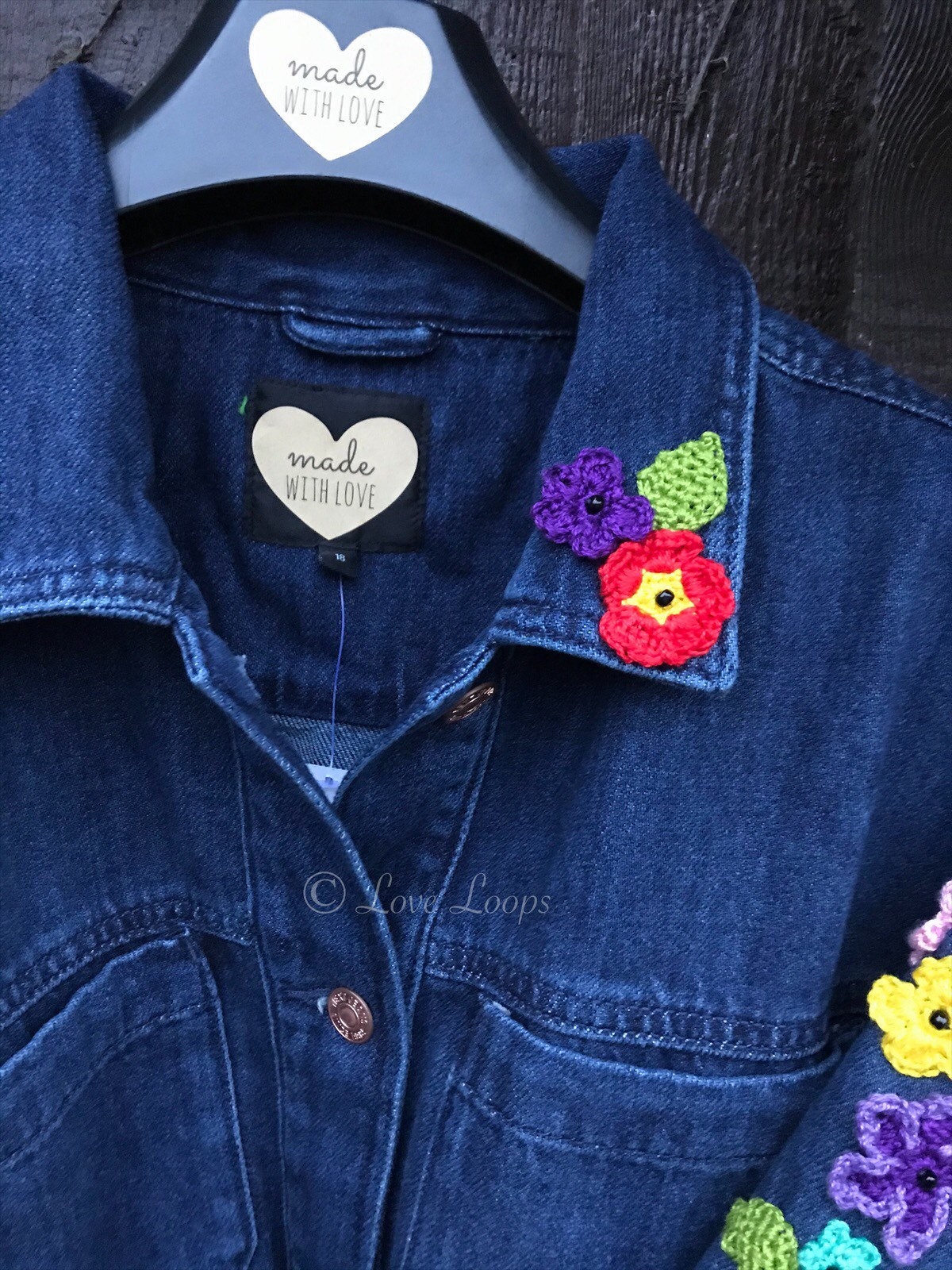 Flower Crochet Appliqué Denim Jacket Black Made to Order in Your