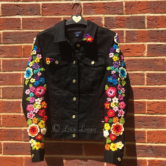 radical Archivo transferencia de dinero Chaqueta vaquera con bordado de flores negra talla UK 44 US - Etsy México