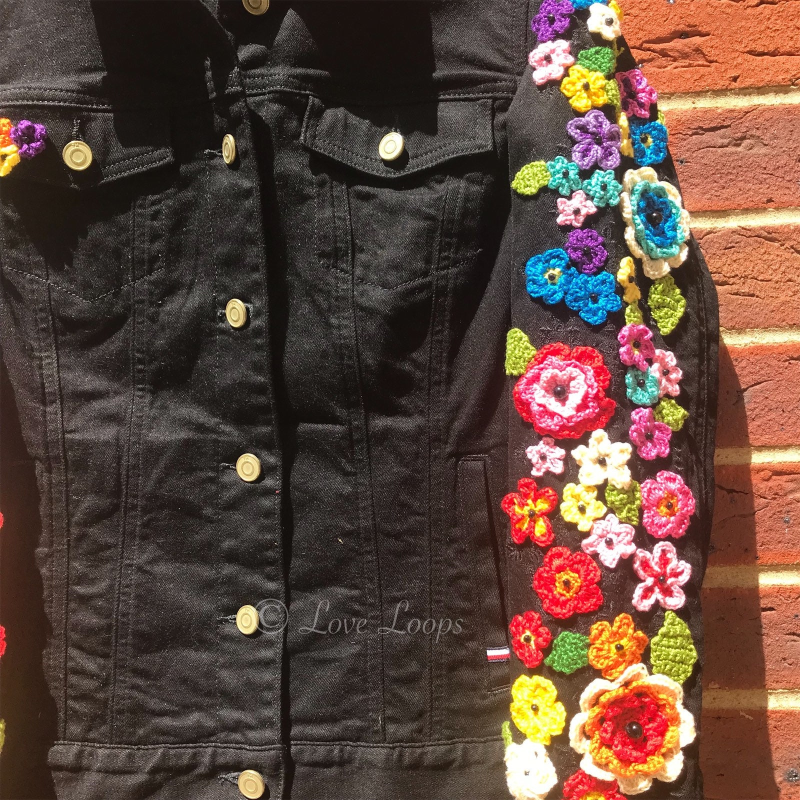 Flower Embroidered Denim Jacket Black UK Size 14, US M - Etsy Flower Embroidered Denim Jacket Black UK Size 14, US M - Etsy