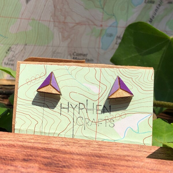 Purple Triangle Wood Stud Earrings- Maple Wood Laser Cut Geometric Studs- Purple Geometric Triangle Stud Earrings, Lilac Purple