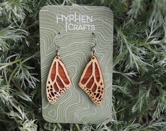 Bubinga and Maple Monarch Butterfly Wing Earrings, Creamy White Maple, Iridescent Bubinga, Monarch Earrings