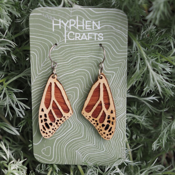 Bubinga and Maple Monarch Butterfly Wing Earrings, Creamy White Maple, Iridescent Bubinga, Monarch Earrings