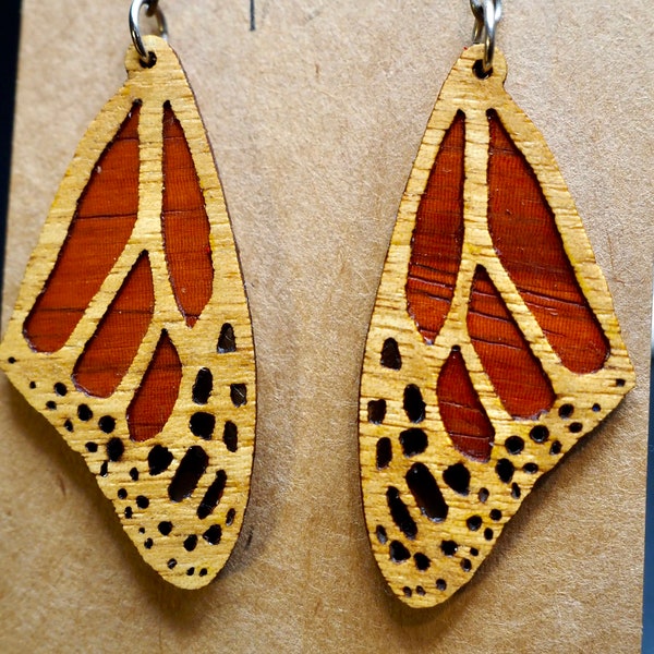 Satinwood and Padauk Monarch Butterfly Earrings, 1.5" wooden butterfly earrings, wood dangle earrings