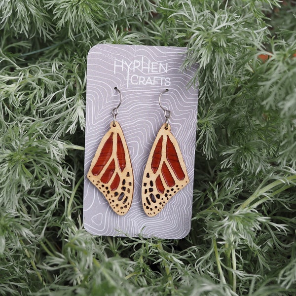 Maple and Padauk Monarch Butterfly Earrings, 1.5" wooden butterfly earrings, wood dangle earrings