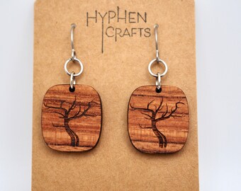 Iridescent Tree Wood Earrings- Bubinga Wood dangle earrings, lightweight wood jewelry