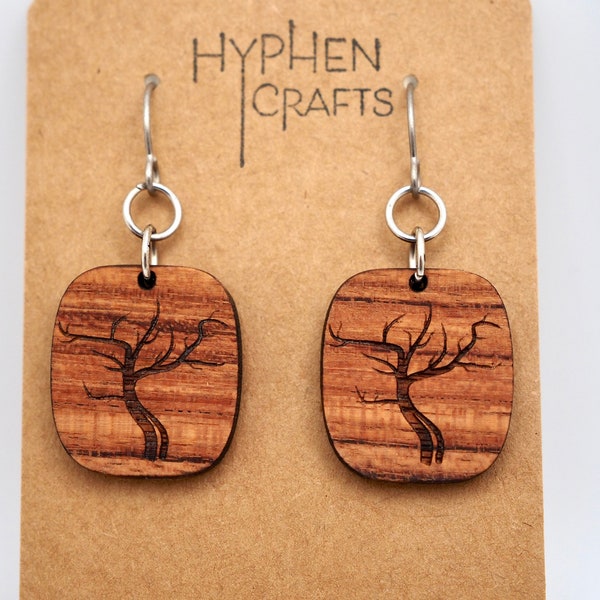 Iridescent Tree Wood Earrings- Bubinga Wood dangle earrings, lightweight wood jewelry