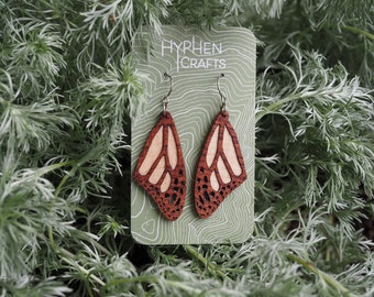 Bubinga and Maple Monarch Butterfly Wing Earrings, Creamy White Maple, Iridescent Bubinga, Monarch Earrings