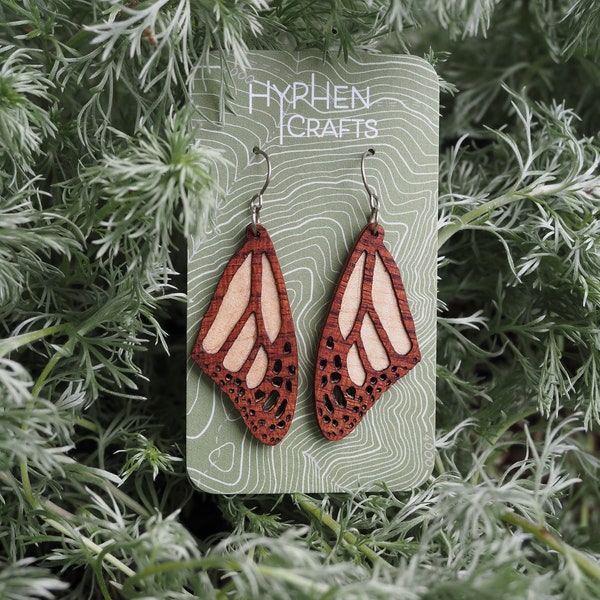 Bubinga and Maple Monarch Butterfly Wing Earrings, Creamy White Maple, Iridescent Bubinga, Monarch Earrings