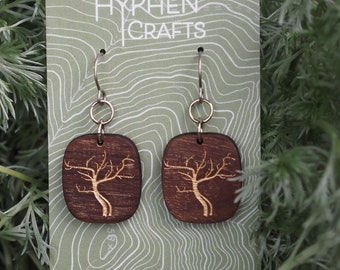 Gold Tree Wood Earrings- smooth bolivian rosewood with hand painted gold enamel dangle earrings, lightweight wood jewelry