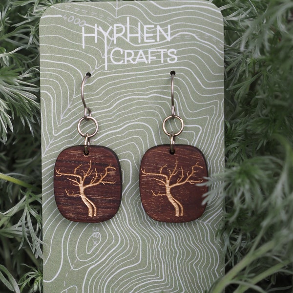 Gold Tree Wood Earrings- smooth bolivian rosewood with hand painted gold enamel dangle earrings, lightweight wood jewelry