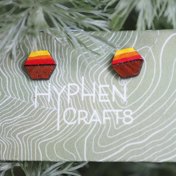 Flame Gradient Hexagon Wood Stud Earrings- Wood Laser Cut Geometric Studs- Red Orange Yellow Geometric Hexagon Stud Earrings