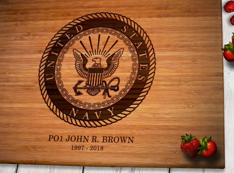 Military Christmas Gift Navy Personalized Retirement Gift Engraved Bamboo Wood Cutting Board USN Name Rank Date Caramel or Natural