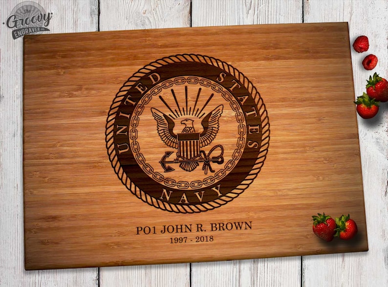 Military Christmas Gift Navy Personalized Retirement Gift Engraved Bamboo Wood Cutting Board USN Name Rank Date Caramel or Natural