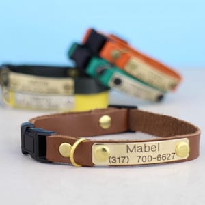 Collar para gatos - Collar de cuero - Collar ajustable - Placa de identificación grabada personalizada - Separable - Collar de cuero suave para gatos