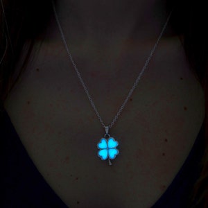 Small Lucky Four Leaf Clover Necklace, Glow in the Dark Shamrock Pendan, St Patricks Day  18x25mm