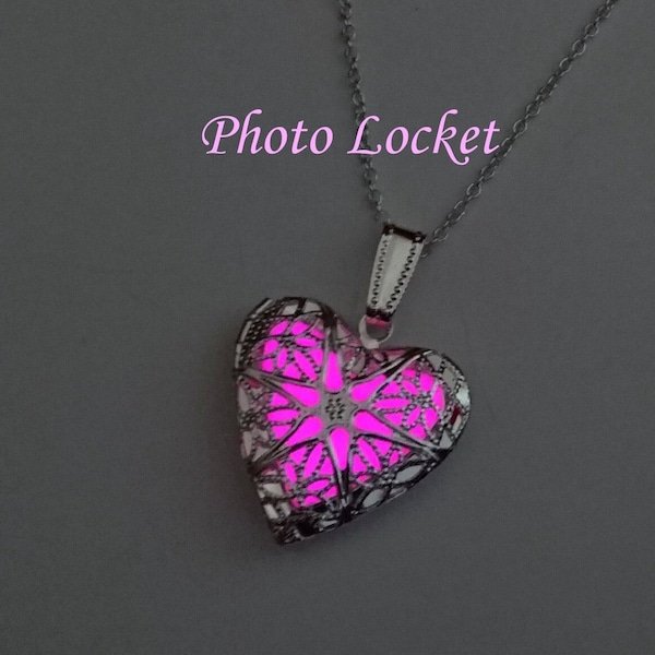 Pink Heart Memory Photo Locket Necklace, Valentines gift for her Glow in the Dark, girlfriend gift, wife gifts