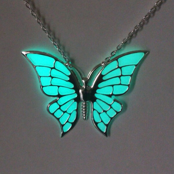 Aqua Butterfly Glowing Necklace, Glowing Jewelry, Glow in the Dark Pendant , Gifts for Her, Valentines, Girlfriend gift, Birthday Gift