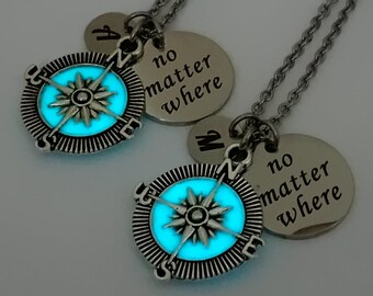 Couples gift, Best friend gifts for him No Matter WHERE Necklace, Glow in the Dark, Set of 2