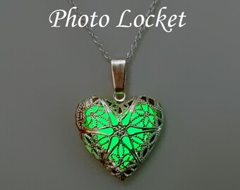 Heart Glow in the Dark Photo Locket BLUE, Birthday gift, Valentines Day gift