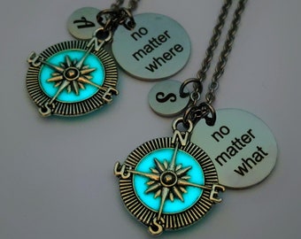 Set of 2 best friend gifts Compass Necklace No Matter WHERE, No matter WHAT, Couples gift Glow in the Dark Best Friend Necklace