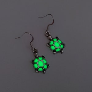 Small Sea Turtle Earrings, Green Glow In The Dark Jewelry, Gift for Her 18x12mm image 1