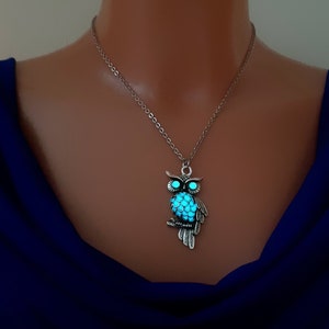 Aqua Glow in the Dark Owl Necklace, Gifts for her