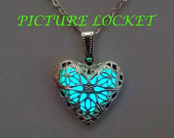 Heart Glow in the Dark Photo Locket AQUA, Birthday gift, Valentines Day gift