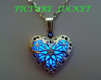 Heart Glow in the Dark Photo Locket BLUE, Birthday gift, Valentines Day gift