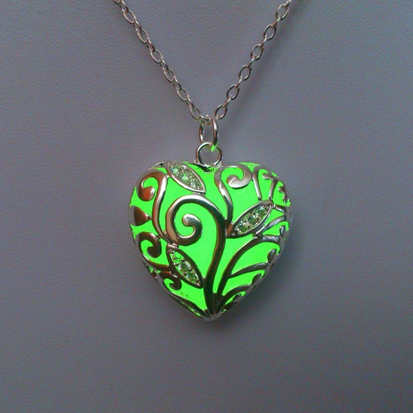 Green Glowing Necklace, Glowing Jewelry,  Glow in the Dark Heart Pendant, Gift for Her