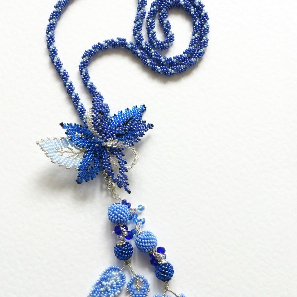 Bead woven Necklace Pendant Brooch  3 in 1 Set  Blue braided beads sky blue flower hand woven