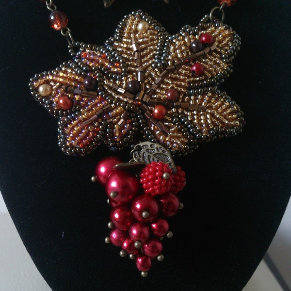 Bead embroidery Necklace and Earrings The Gifts of Autumn. Set Red golden brown bronze Gift for her Gift ideas OOAK
