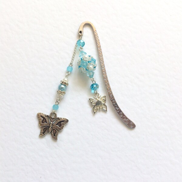 Unieke bladwijzer - kralen - vlinder - blauw - cadeau voor haar - Teen Gift - kerstcadeau - Metal Bookmark - giftideeën OOAK