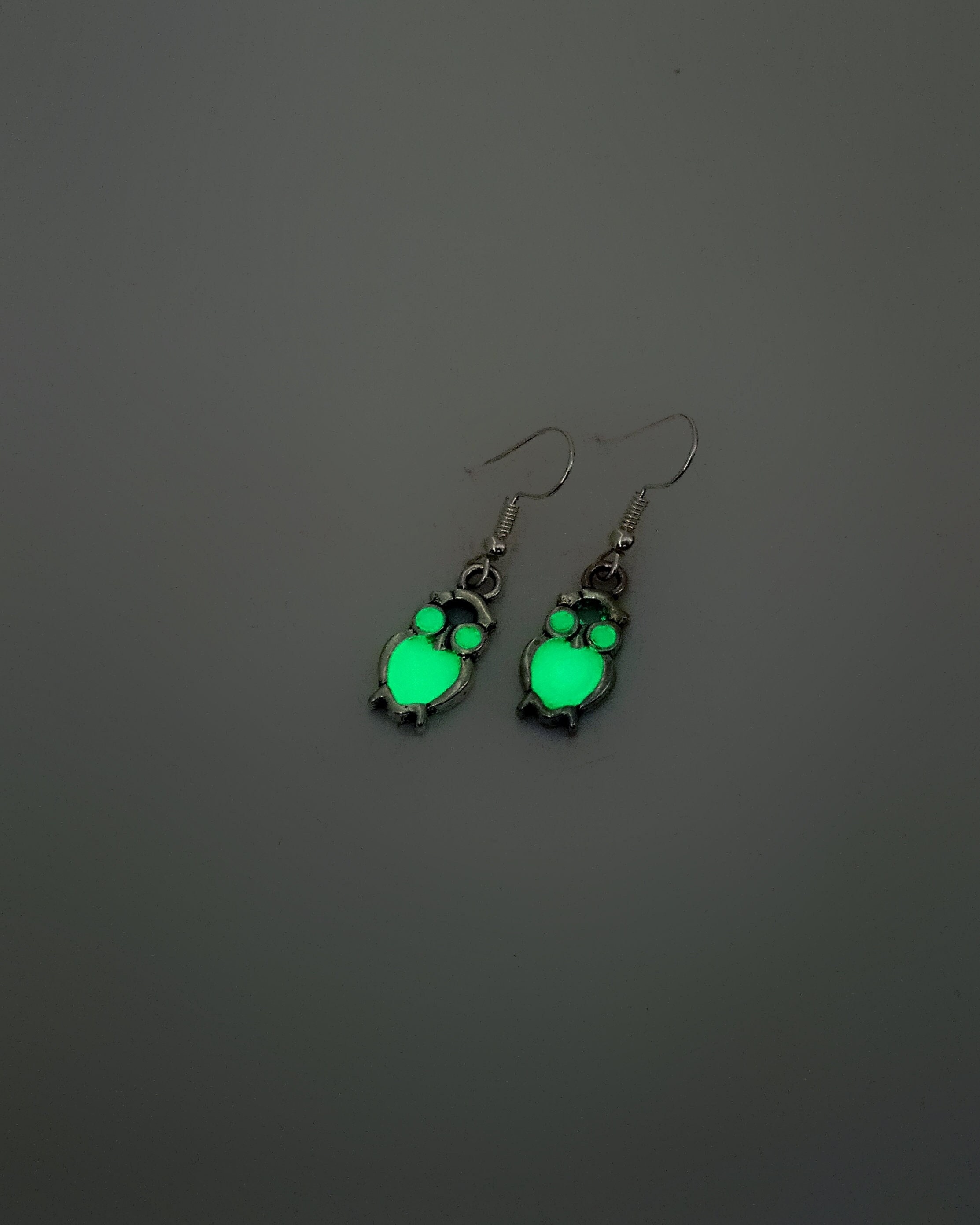 Green Glow in the Dark Owl Earrings: Silver Tone Boho Jewelry