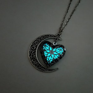 Crescent Moon Heart Necklace, Valentines gift for her, Glow in the Dark Necklace, Wife Gift