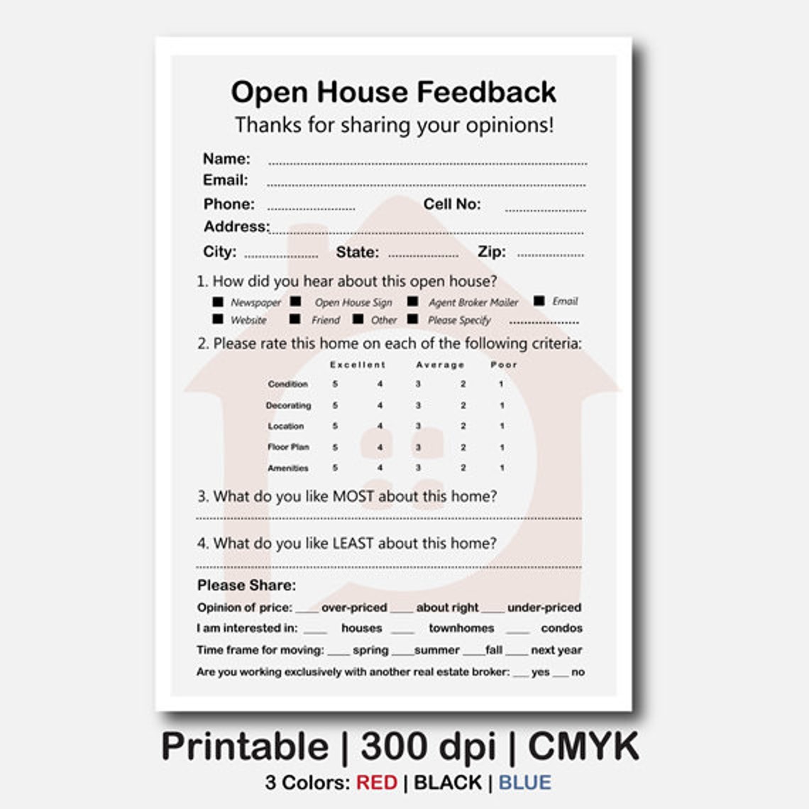 Real Estate Open House Feedback Form Real Estate Signs Real - Etsy