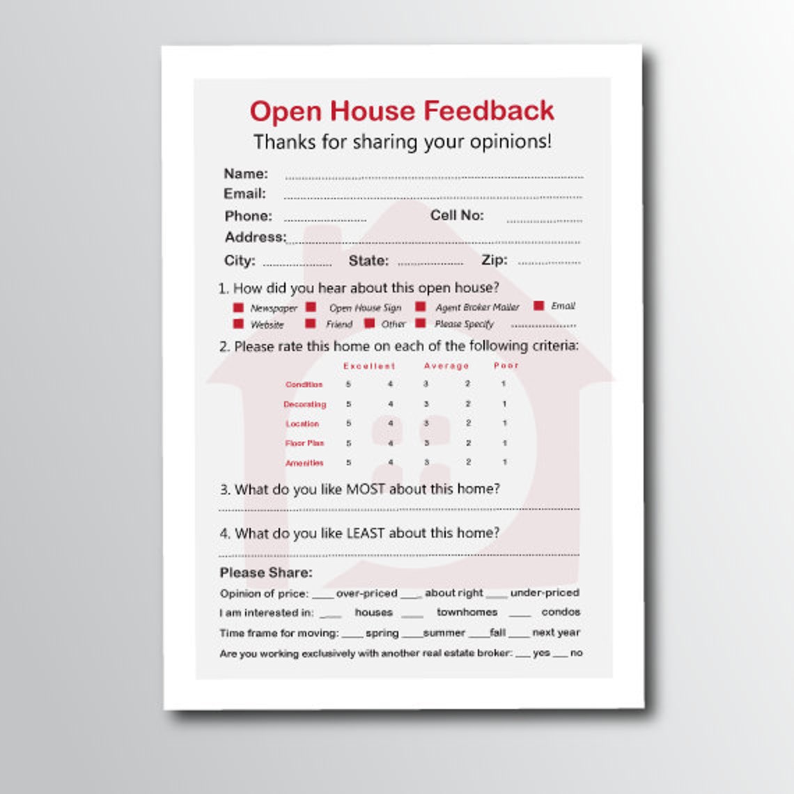 Real Estate Open House Feedback Form Real Estate Signs Real Etsy