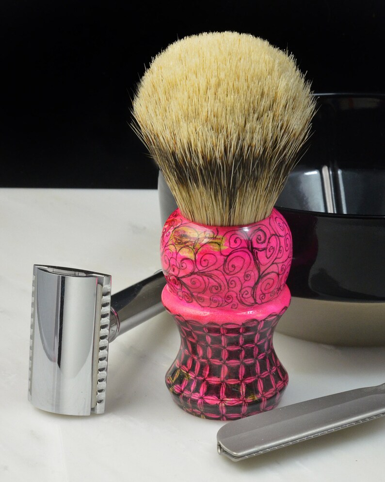 Shaving Brush With Custom Embellished Pink Burl Handle Etsy