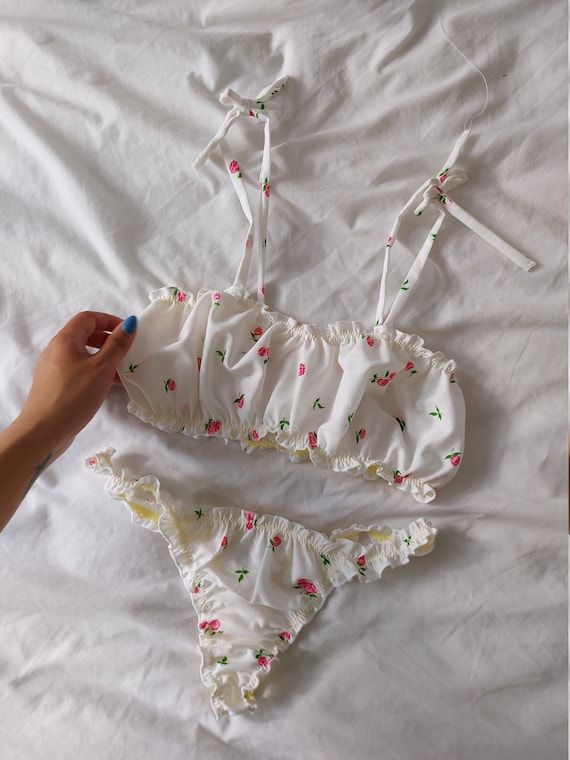 Mia Slinky Rose Print Ruffled Thong Sustainable Frilly Underwear