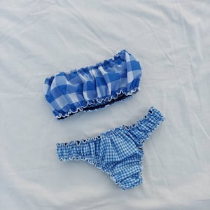 Mia Gingham Blue Ruffle Tube and Thong Set | Sustainably Made | Lingerie Set | Slow Fashion