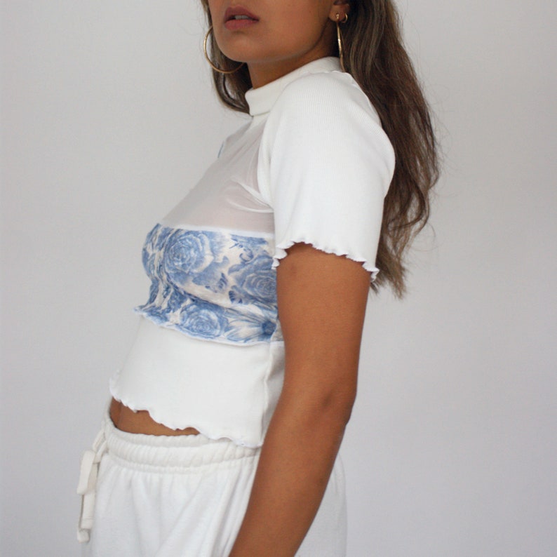 Blue Velvet Rose /& White UK 8 One of One Handmade Top The Fitted T Limited |Sustainable Fashion