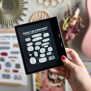 May include: A black and white flowchart on a Kindle e-reader asking "Should I get a new book?" with a decision tree for choosing a new book. The flowchart includes questions like "Have you finished your current book?" and "Do you have a library card?" and ends with "Get a book!"