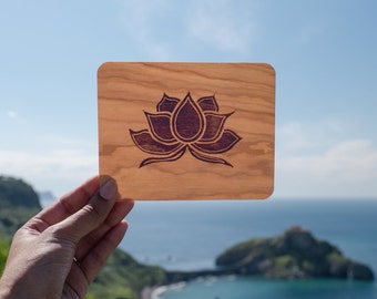 Wooden card, Lotus flower art, Reclaimed wood, Block print card, Wood art, Purple lotus, Keepsake card, Custom message card