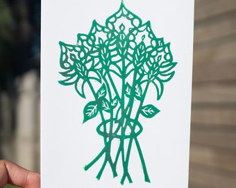 Mother's Day card, green flower bouqet, block printed by hand