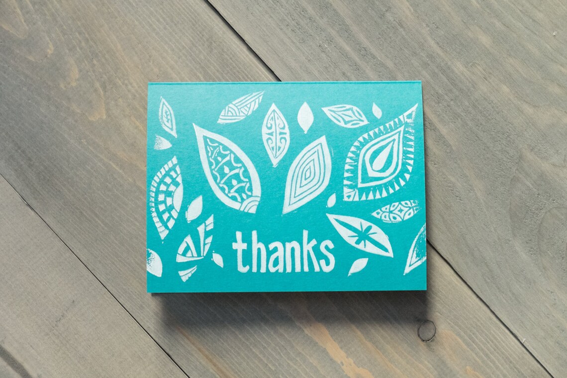 Thank You Cards Set, Block Print, Thank You Notes, Teal Notecards, Torquoise Thank Yous, Printed