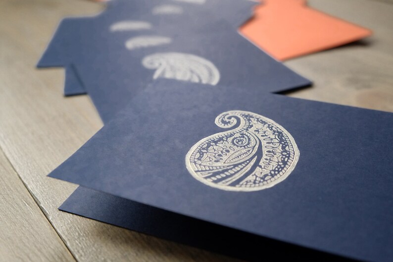 Thank you card set, Block printed cards, Boho chic cards, Indian paisley, Navy blue notecards, Coral or kraft envelopes, Set of 6 image 4