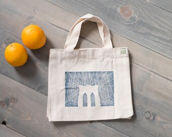 Mini tote bag, Reusable gift bag, Brooklyn Bridge kids tote, Boho bag, Block print tote, Canvas tote bag, Navy