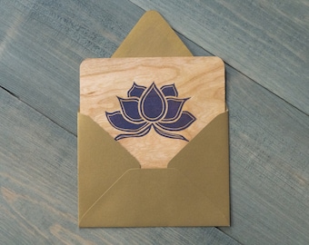 Gift certificate, Wooden keepsake card, Natural postcard, Purple lotus block print, Kaibelle